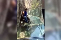 Brave child drags petrified dad along glass skywalk in hilarious video